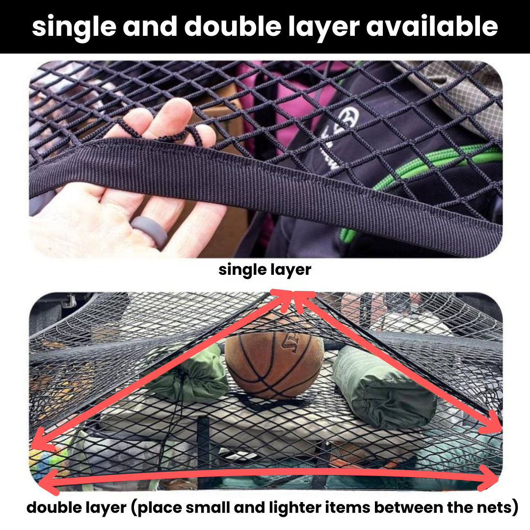 Mesh cargo net with single and double layer options, showing how to place items.