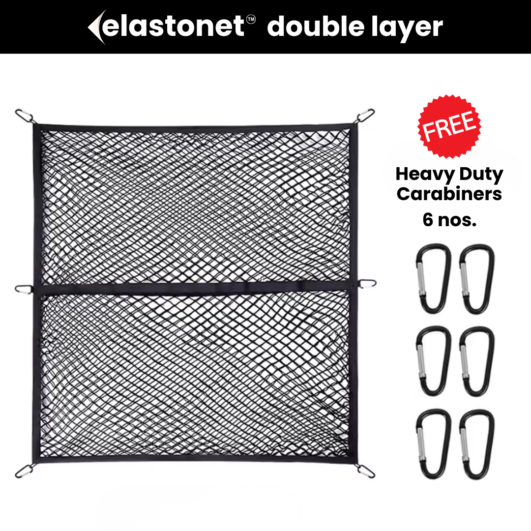 Black double-layered cargo net with free carabiners on a white background, featuring Elastonet branding.