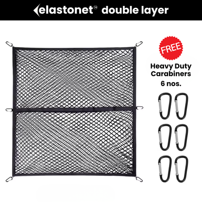 Black double-layered cargo net with free carabiners on a white background, featuring Elastonet branding.