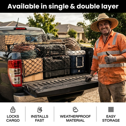 Man in orange safety vest standing next to a truck with cargo net, with text about product features.