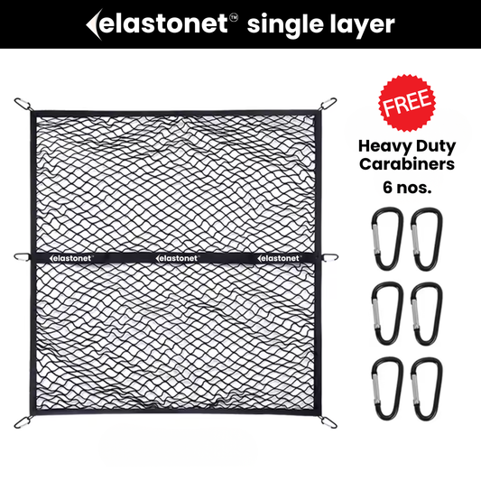 Elastonet single layer cargo net with free carabiners on a white background
