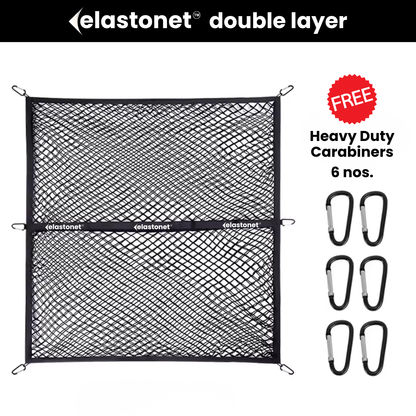 Elastonet double layer mesh organizer with free carabiners on a white background