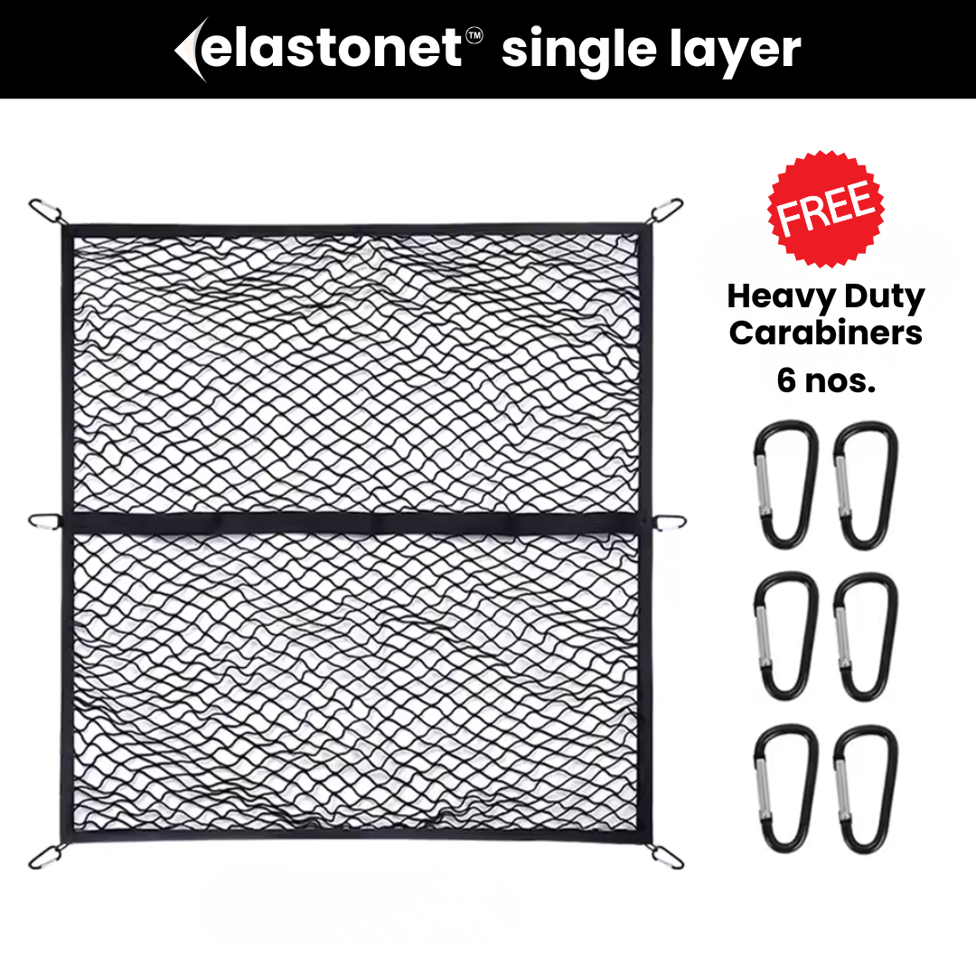 Black elastic cargo net with free carabiners on a white background