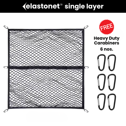 Black elastic cargo net with free carabiners on a white background